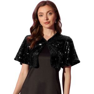 Sequin Jacket Flared Sleeve Sparkly Bolero Crop Glitter Shrug Black